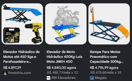 Anúncios de elevadores de moto prontos custando entre R$4.795 e R$4.897
