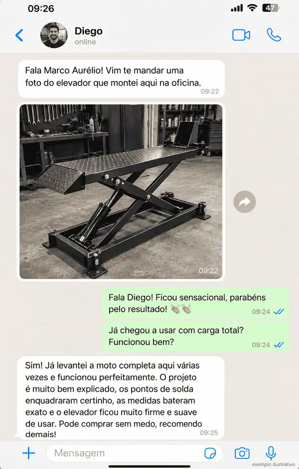 Conversa ilustrativa de Diego com foto de um elevador de moto preto