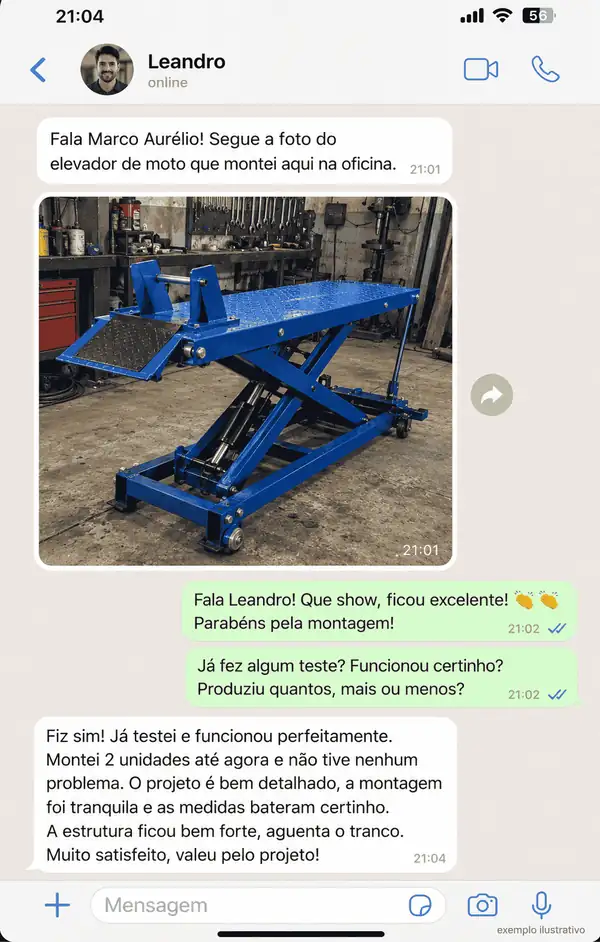 Conversa ilustrativa de Leandro com foto de um elevador de moto azul