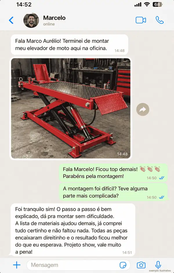 Conversa ilustrativa de Marcelo com foto de um elevador de moto vermelho