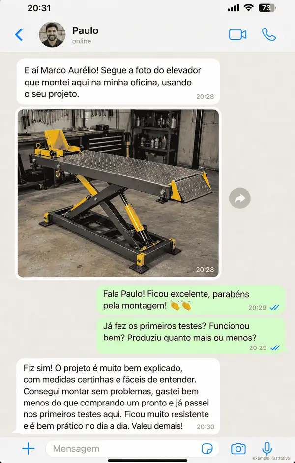 Conversa ilustrativa de Paulo com foto de um elevador de moto amarelo e preto