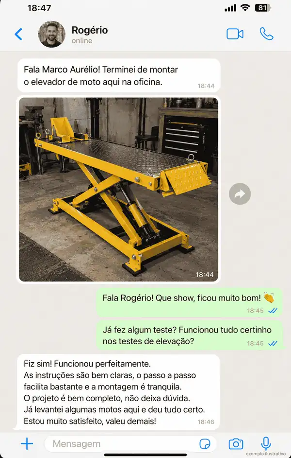 Conversa ilustrativa de Rogério com foto de um elevador de moto amarelo