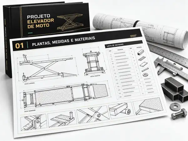 Prancha 01: plantas, medidas e lista de materiais do elevador